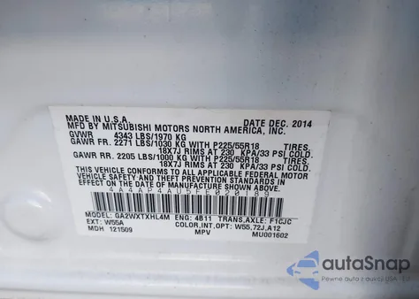 2015 Mitsubishi Outlander Sport Se z USA, uszkodzony, nr VIN 4A4AP4AU5FE020189